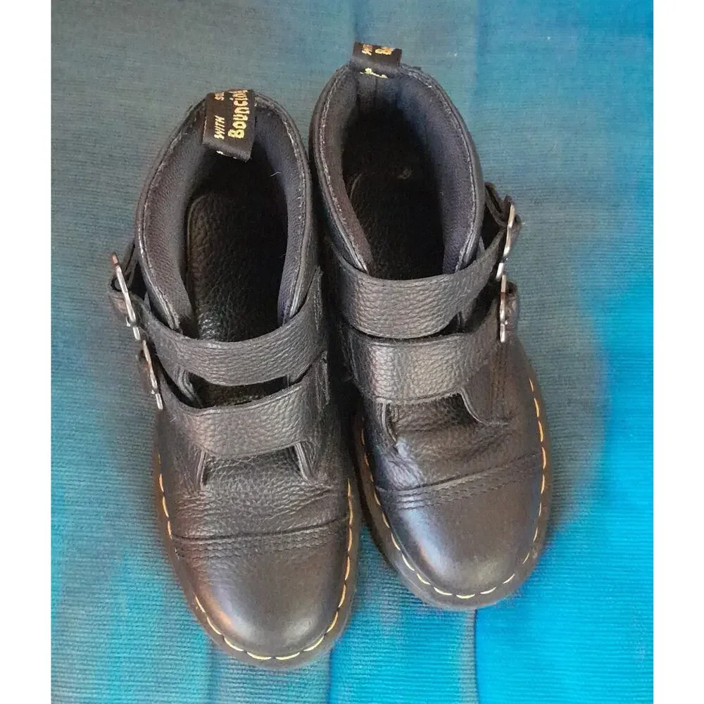 Dr. Martens Devon Flower Buckle Black Leather Quad Platform Boots Size 8USL